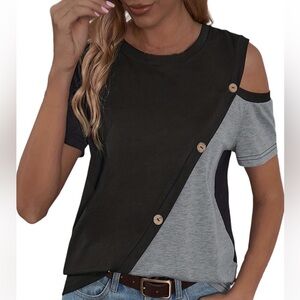 NEW Top XXL Asymmetrical Two-Tone Button Detail Short Sleeve - Black & Gray